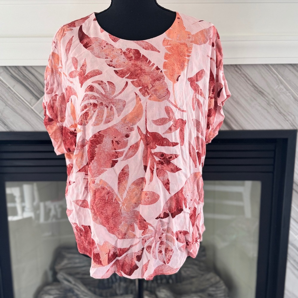 Buckle Black Floral Print Top Blouse Short‎ Sleeve Lightweight Size M